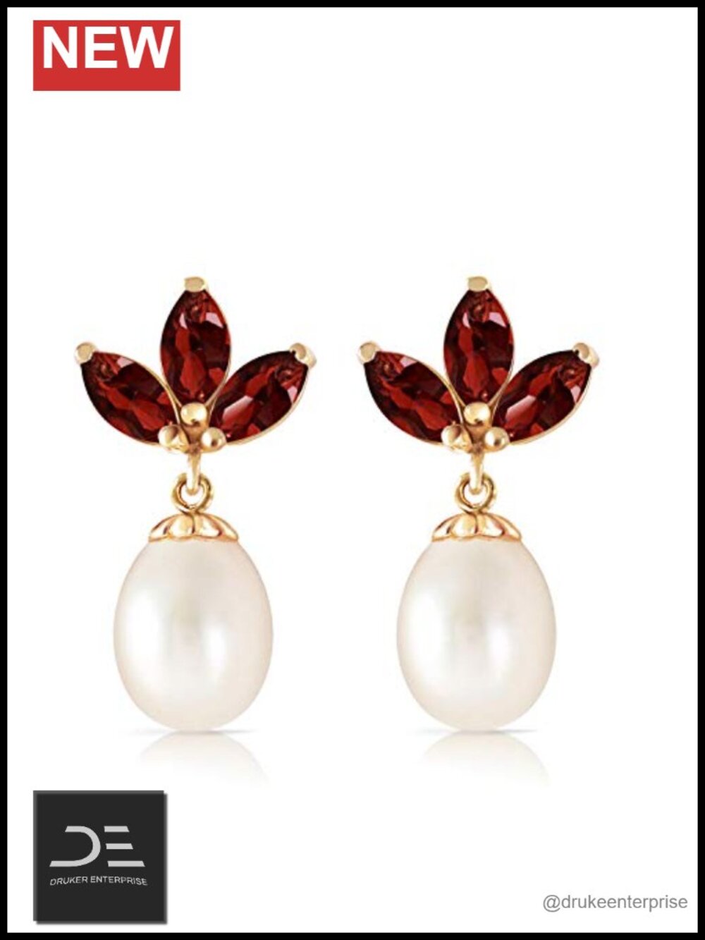 14K Yellow Gold Dangle Earrings Garnet Pearl Birthstone Fine Jewelry